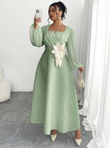 Modelyn Women Plus Size 3D Music Floral Decor Long Sleeve Dress Fall Cloth For Women - Green - View 3