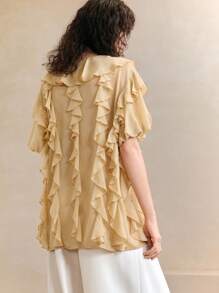 Arave Blusa casual da donna a maniche corte, a tinta unita, con scollo a V, decorata con volant, elegante e romantica
