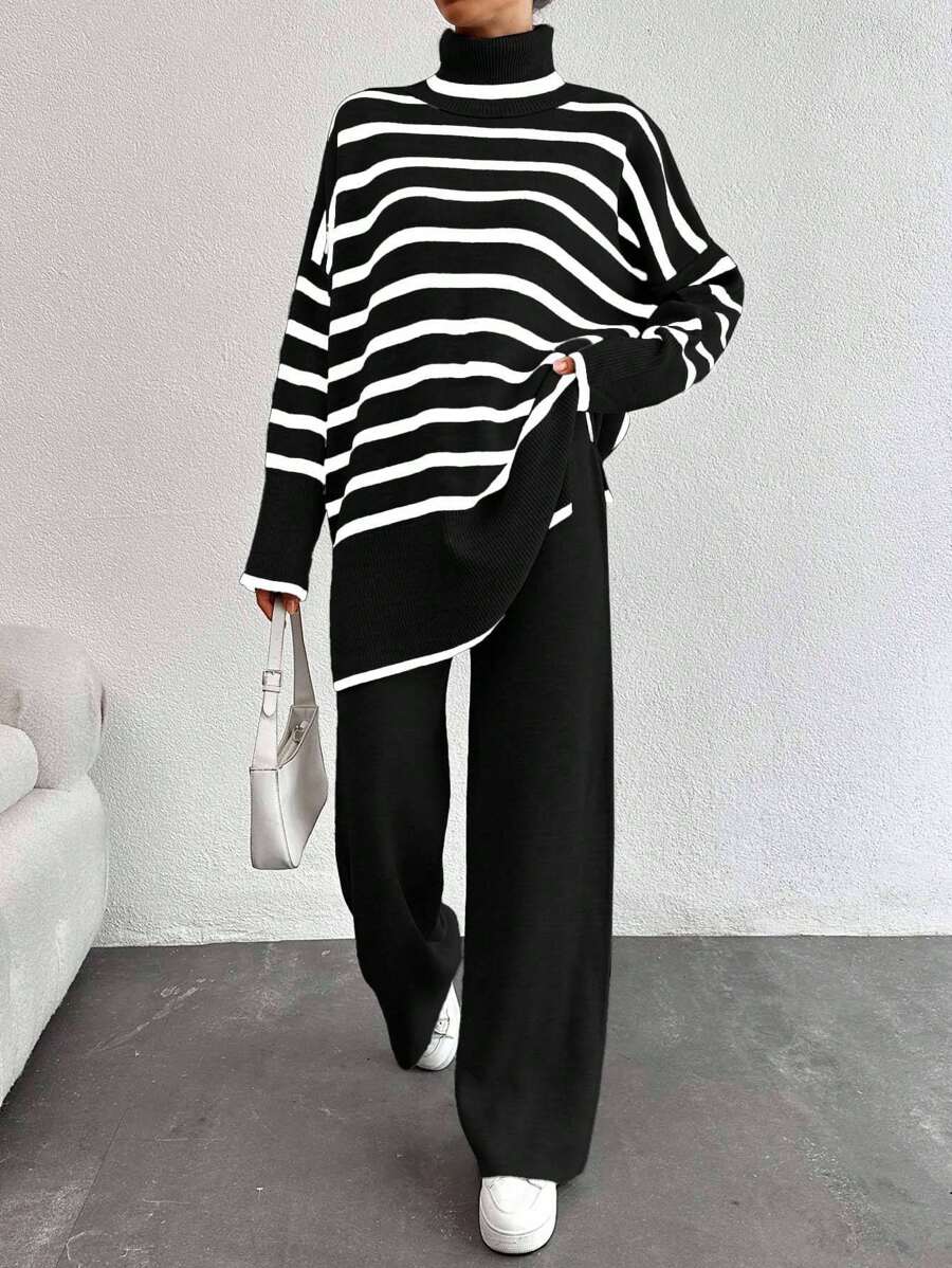 SHEIN Tall 女款條紋高領蝙蝠袖毛衣與素色長褲兩件套,適合高個女性 - 黑與白 - 查看 1