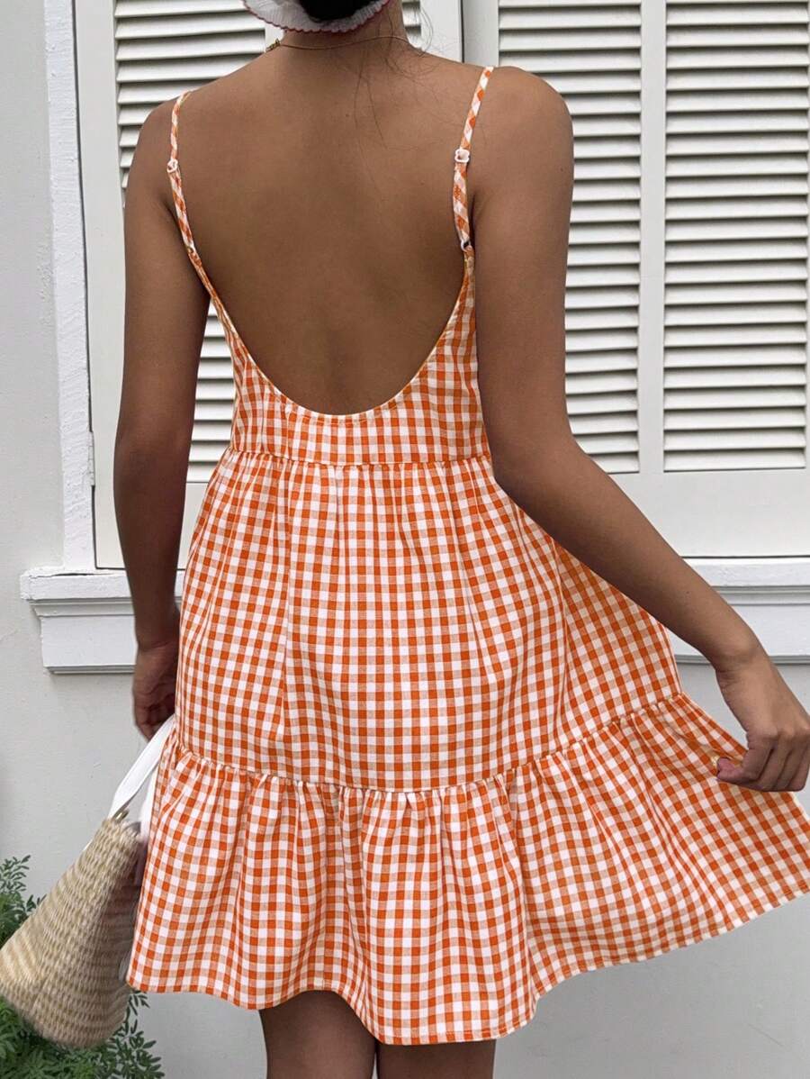 MainGRL Women's Summer New Plaid Babydoll Slip Dress With Open Back Vacation Dress - Orange - View 1