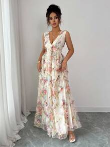 Elenzga Gaun Wanita Elegan Romantis Model Mengembang, Tanpa Lengan, Leher V, Pinggang Terikat, Bahan Jaring Kasa Bermotif Bunga - MultiWarna - View 7