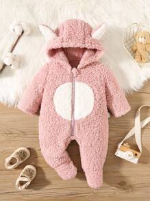 Pelele suave con capucha y manga larga con bloqueo de colores y bordado de orejas 3D para bebés recién nacidos niñas, otoño/invierno