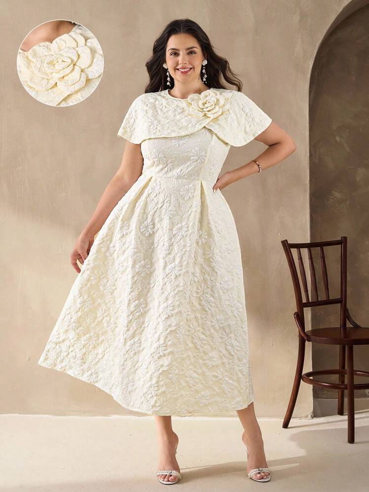 Chikora エレガントなパーティードレス プラスサイズ ジャガード 3Dフラワーデコレーション ソリッドカラー - アプリコット - 見る 1