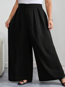 SHEIN CURVE+ 大码曲线/校园服/返校服/返校季大码女装办公室休闲裤，黑色高腰直筒休闲裤，简约时尚，适合日常穿着 - 黑色 - 查看 6