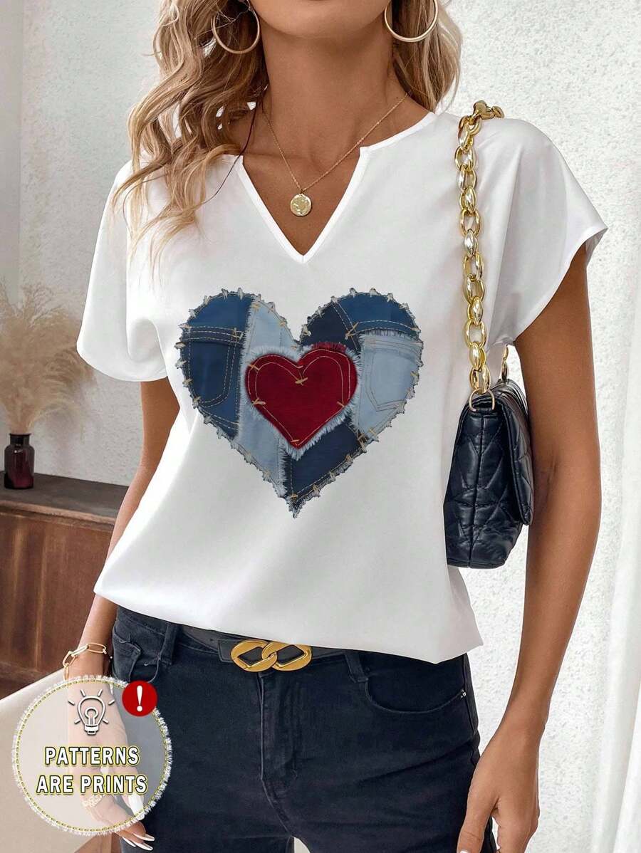 SHEIN Clasi Áo sơ mi nữ tay ngắn họa tiết trái tim giả denim, phù hợp cho mùa hè - Nhiều màu - Xem 1