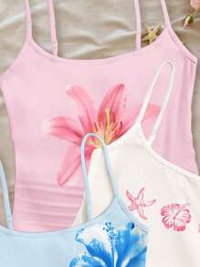 SHEIN 3pcs/Set Tween Girls Tropical Floral & Beach Themed Fitted Camisole Tops, White, Light Pink, Light Blue Tween Girls Tank Tops Girls Summer Tank Tops Cute Summer Tops For Girls Cute Girls Beach Tops Tween Tank Tops For Summer, School, Campus, College - Multicolor - View 5
