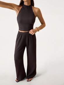 SHEIN Tall 2pcs/Set Women Vacation Casual Solid Color Backless Tank Top And Long Pants