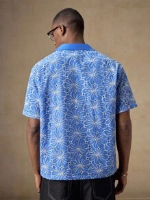 AKNOTIC Business Casual 男士蓝色花卉提花休闲宽松短袖衬衫，适合夏季、秋季、度假、日常搭配、派对、情侣装，男士礼物 - 藍色 - 查看 6