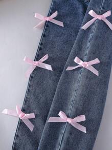 Young Girls Retro Mid-Blue Washed Denim Loose Straight Fit Overalls With Bow Decoration, Soft & Comfortable Casual Wear Toddler Girl Overalls Girl Denim Overalls Overalls With Bows Jeans With Pink Bows Bow Jeans