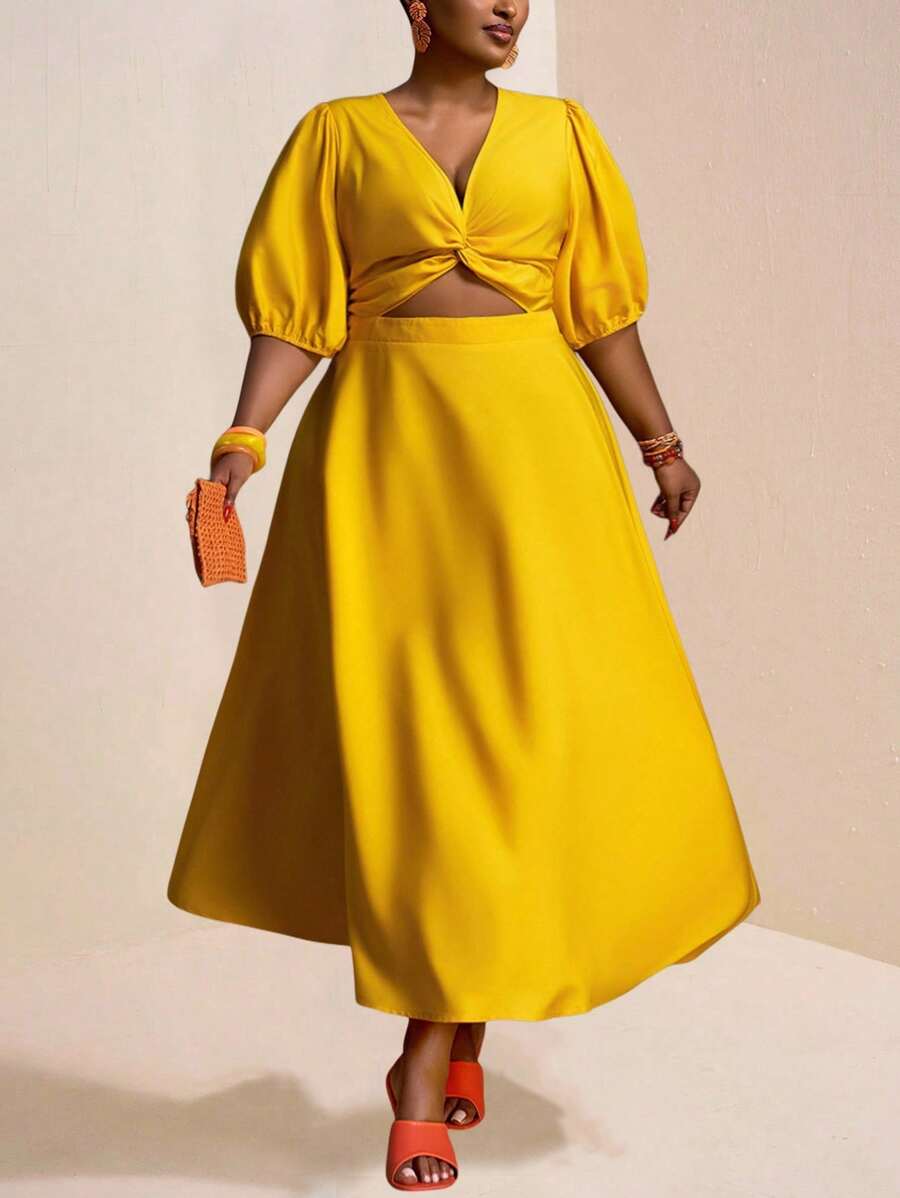 Veslaya Spring & Summer New Plus Size Women Long Maxi Dress, Solid Yellow Deep V-Neck Twist Waist Ruched Flare Sleeve Flared Hem Casual Beach & Party Dress - Yellow - View 1