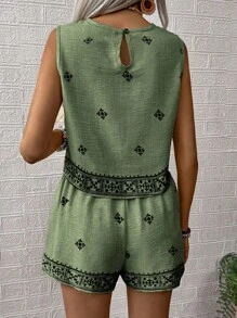 SHEIN LUNE 2pcs Women Floral Print Round Neck Sleeveless Shirt And Shorts Casual Set, Perfect For Vacation