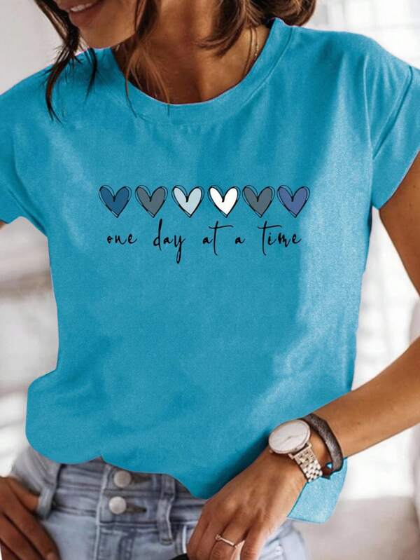 SHEIN LUNE Women's Light Blue Casual Short-Sleeve T-Shirt With "One Day At A Time" Heart Print - Soft Polyester, Round Neck, Machine Washable, Spring/Summer Fashion Essential, Everyday Tshirt | Round Neck Shirt | Polyester Fabric