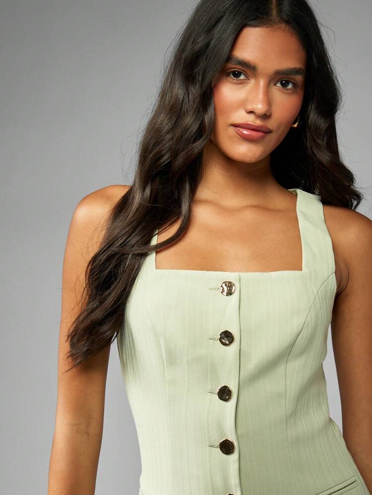 MISSGUIDED Square Neck Button Front Mini Dress Sleeveless Summer Party A Line Short Dress With Front Pockets And Gold Button Details Lightweight Spring Fashion