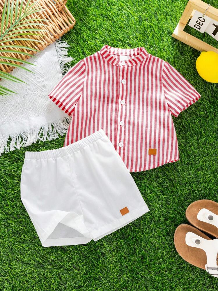 SHEIN 2pcs/Set Baby Boy Casual Striped Collared Short Sleeve Shirt And White Shorts Set, Comfortable And Versatile For Indoor, Outdoor, Daily, Sports, Play, Party, Photo Shoot, Holiday, Suitable For Spring/Summer - Multicolor - View 4