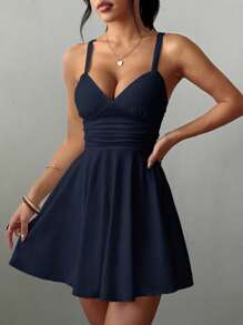 Zielony 女士 V 领针织收腰 A 字性感优雅细肩带短款连衣裙 - 藏蓝色 - 查看 6