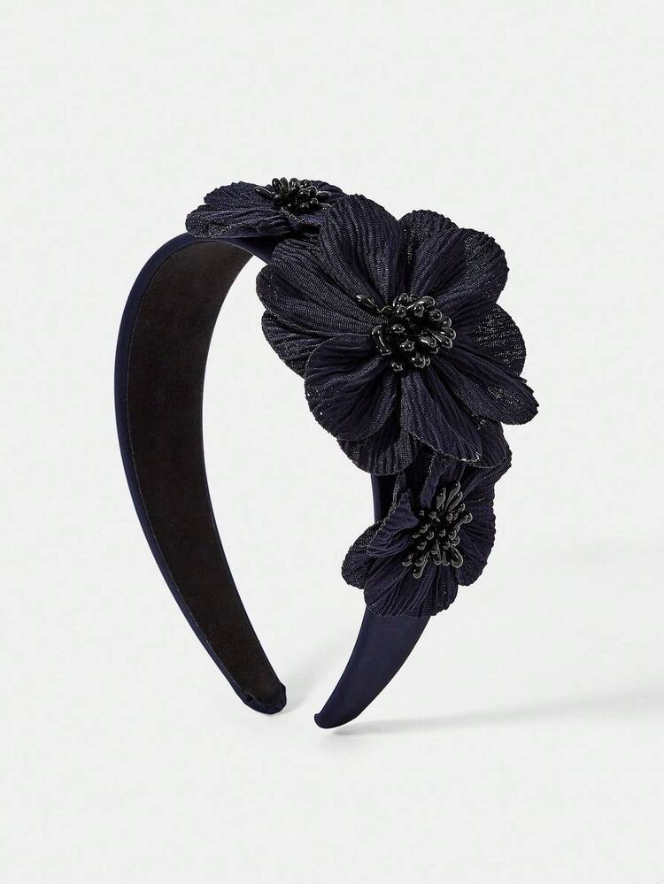 FAUX PEARL APPLIQUES FLOWER WIDE HEADBAND