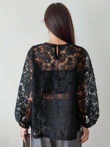 Dazy-Less 女士花卉印花透明蕾丝衬衫，宽松版型，适合商务、休闲、通勤、办公室穿着，春夏秋季长袖女上衣，秋季女装 - 黑色 - 查看 5