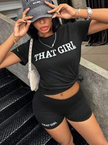 SHEIN Women's Summer Casual 2pcs/Set Letter Print Round Neck Short Sleeve T-Shirt And Shorts