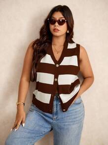 Elaquor 大码休闲通勤拼色条纹针织背心，秋冬女士度假装 - 棕色 - 查看 5