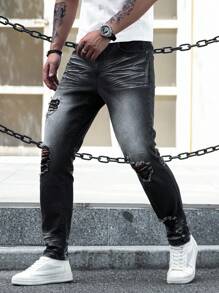 Manfinity LEGND Quần Jeans Skinny Denim Rách Túi Đơn Giản Cho Nam - màu đen - Xem 3