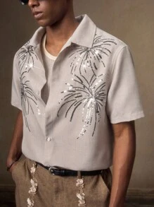 AKNOTIC Business Casual 男士杏色手工刺绣烟花反光亮片刺绣休闲宽松短袖衬衫，时尚适合日常穿着、度假、派对、毕业典礼、海滩、家庭聚会、礼物 - 杏色 - 查看 4