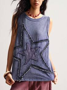 Bohemela 复古美式针织拼接五角星刺绣图案无袖宽松水洗上衣（女款）