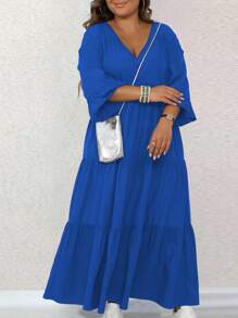 SHEIN LUNE Plus Size Solid Color Lantern Sleeve Brown Fall Dress, Spring Autumn Maxi Women Outfit - Blue - View 3