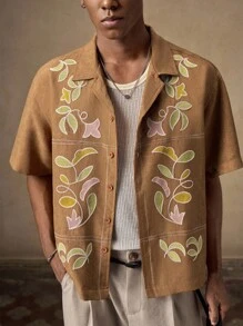 AKNOTIC Business Casual 男士休闲宽松短袖梭织衬衫，年轻人的时尚日常穿着 - 黃色 - 查看 5