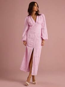 Enchnt Summer/Fall Romantic Women's Pink Floral Hollow Embroidery V-Neck Lantern Sleeve High Slit Maxi Dress - Pink - View 6