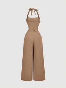 SHEIN MOD Women's Khaki Halter Jumpsuit With Belt Decor, Elegant Jumpsuit, Wide Leg Jumpsuit,Casual Wear, Western Attire, Office Wear, And Airport Outfits Women Summer Clothing Women Summer Sets Women Plus Clothing Formal Woman S Summer Clothes Women Plus Clothing Business Casual,Business Casual Woman,Office Outfits For Women,Office Outfits For Women