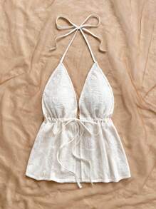 Soleia Débardeur décontracté blanc texturé avec cœur romantique, dos nu, convenant pour les vacances, le thé de l'après-midi, la saison des mariages, les fêtes, la plage, les vacances de printemps/été, les croisières, les festivals de musique, le style bohème - Beige - Voir 4