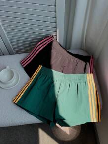 Comfortcana 2pcs Women Elastic Waist Striped Loose Casual Sports Shorts, Versatile For Daily Street Wear, Fall,Fall Clothes For Women