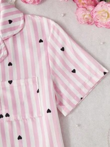 2 件套青少年女孩黑色爱心和粉白条纹短袖上衣和短裤休闲舒适睡衣套装睡衣短裤套装返校时尚