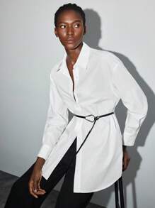 Maija Women Solid Color Drop Shoulder Single-Breasted Casual Office Shirt Women's Work Corporate White Oversized Shirt For Women's Work, Fall Women Clothes - White - View 7