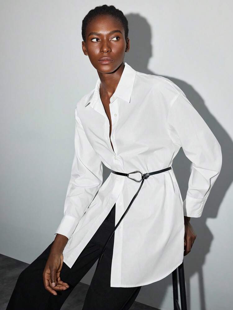 SHEIN Maija Camisa casual de oficina de un solo pecho con hombros caídos y unicolor para mujeres, camisa blanca sobredimensionada para el trabajo de las mujeres, ropa de mujer para otoño