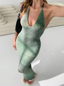 SHEIN EZwear 渐变绿色木珠露背修身针织长裙 - 綠色 - 查看 1