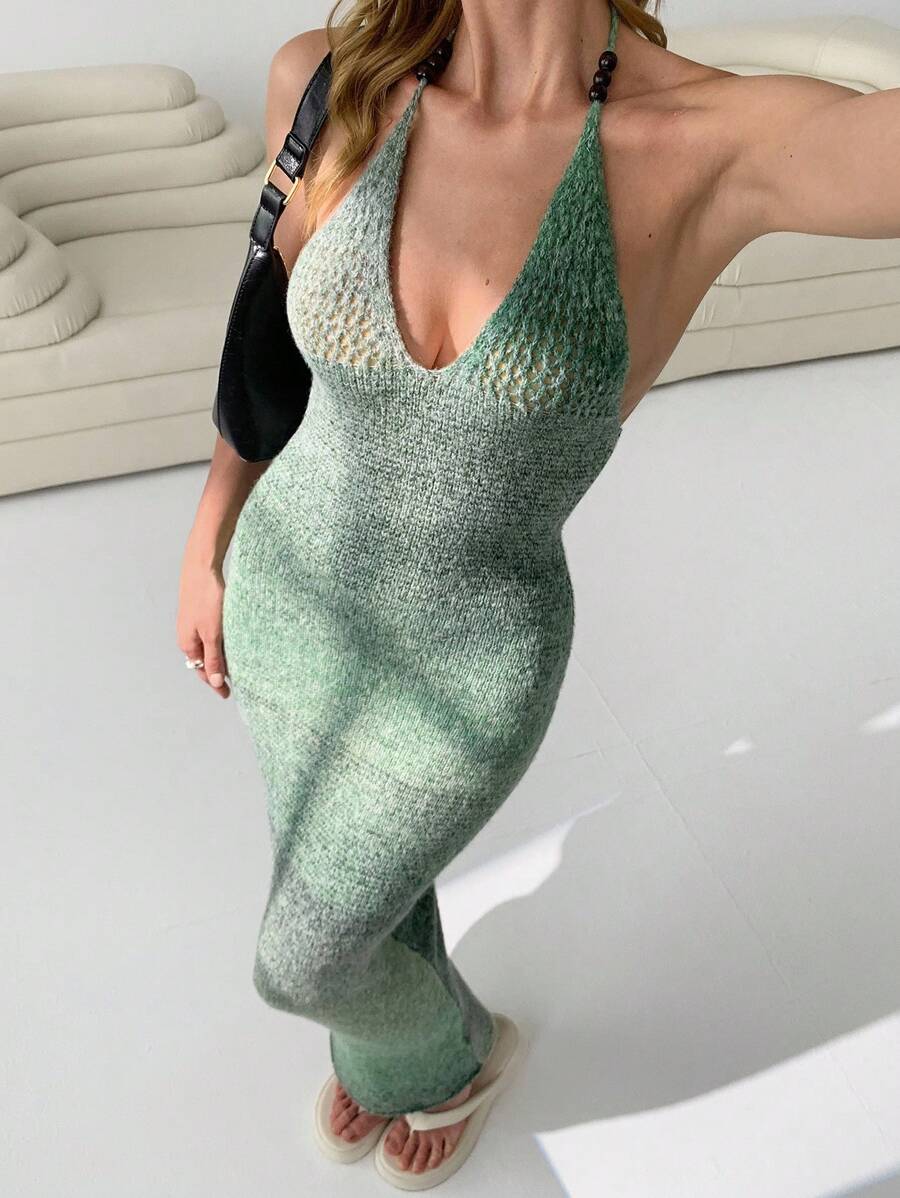 SHEIN EZwear 渐变绿色木珠露背修身针织长裙 - 綠色 - 查看 1