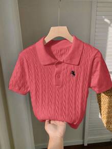 Comfortcana 女式休闲骑士图案短袖 Polo 领针织上衣 - 紅色 - 查看 6