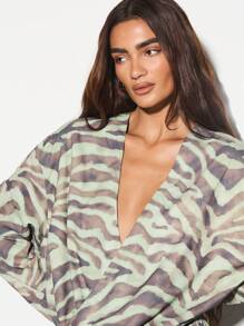 KIZN Long Sleeve Tiger Print Mini Dress Flowing Wrap Design Unique Party Evening Occasion Wear V-Neck Statement Drape Side Detail Resort Vacation Style Elegant Fashion - Green - View 5