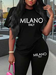 Maweii 2 件套女士加大码字母印花圆领短袖 T 恤和裤子，休闲装 - 黑色 - 查看 3