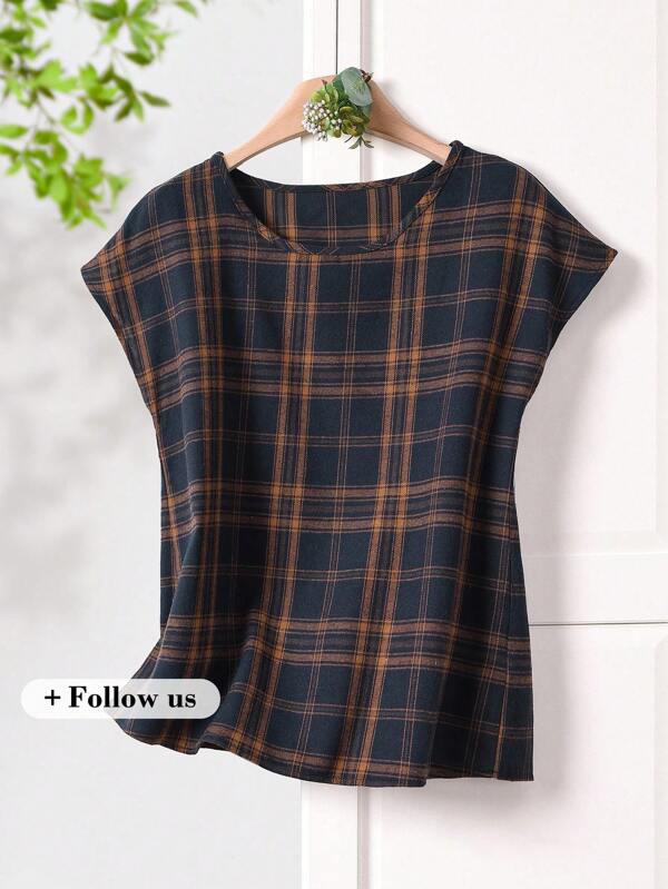 Rusticease Blusa casual de mujer de cuello redondo y manga corta con estampado de cuadros, apta para primavera y verano