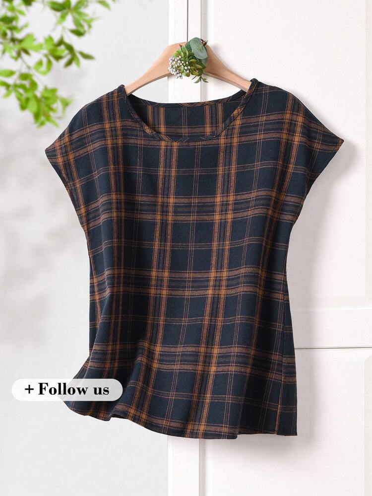 レディース カジュアル ラウンドネック 半袖 チェック柄プリントブラウス、春夏シーズンに適しています