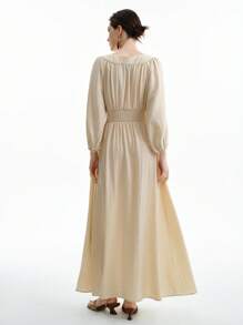 Aalyst 女士优雅斜条纹亚麻度假通勤休闲圆领镂空腰部 A 字高开叉泡泡袖中长连衣裙，春夏秋季