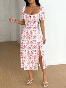 SHEIN Unity Vestido maxi para mujer con estampado floral, abertura alta, casual y de vacaciones, ideal para primavera/verano - Rosa - Ver 4