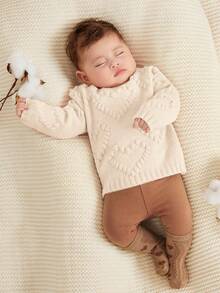 SHEIN Newborn Baby Girl Cute Versatile Pink Heart Pattern Long Sleeve Sweater, Autumn/Winter Fall - Apricot - View 3