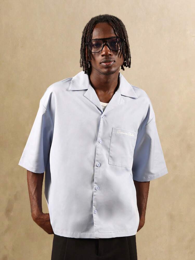 Boxy Button Down Shirt With Coastal Artwork Print