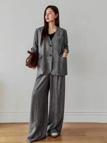 Dazy-Less 女士纹理条纹宽松商务休闲通勤办公室装衬衫开衫和直筒裤套装，适合秋季、春季和夏季 - 深灰色 - 查看 9