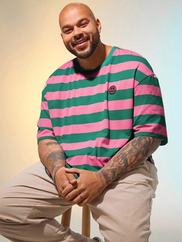 EASEVO Plus Size Men Colorful Knitted Casual Loose Funny Striped Drop Shoulder Round Neck Short Sleeve T-Shirt, Suitable For Summer, For Going Out