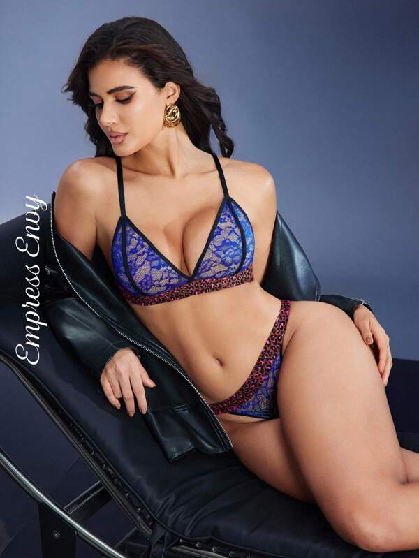 SHEIN Opulent Queen 2PCS Women Floral Lace & Leopard Print Comfy Lingerie Set Blue Lingerie Set Lace Lingerie Set