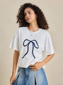 INAWLY Casual Butterfly Print Round Neck Drop Shoulder Women T-Shirt